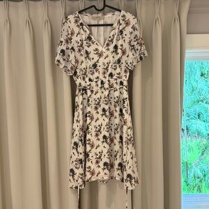 LOFT White Floral V-Neck Drawstring Dress